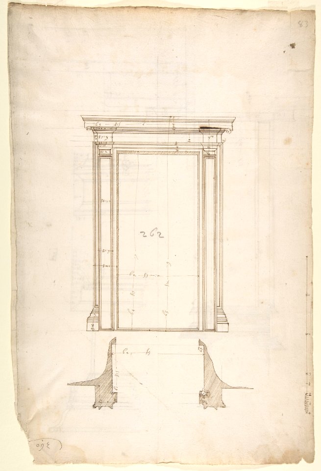 San Lorenzo, Library, Ricetto, portal from cloister, elevation; plan ...