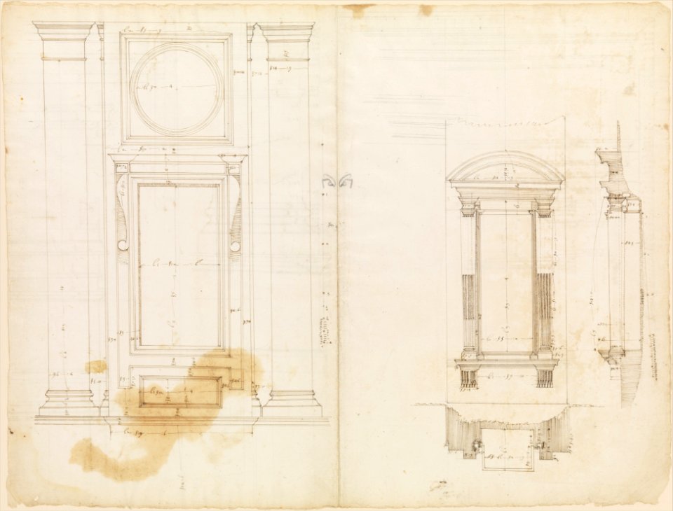 San Lorenzo, Library, Ricetto, upper window, elevation; niche,elevation, plan, and section (recto) San Lorenzo, Library, Ricetto, niche, details; upper window, details, elevation (verso) MET DP235095