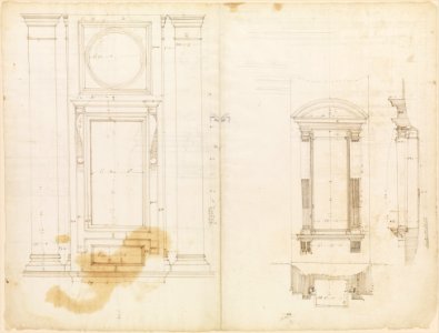 San Lorenzo, Library, Ricetto, upper window, elevation; niche,elevation, plan, and section (recto) San Lorenzo, Library, Ricetto, niche, details; upper window, details, elevation (verso) MET DP235095
