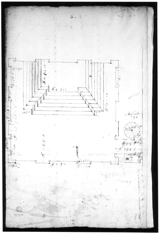 San Lorenzo, Library, plan; reflected ceiling plan; stair, detail (recto) San Lorenzo, Ricetto, plan (verso) MET sf49 92 90v-MM35377