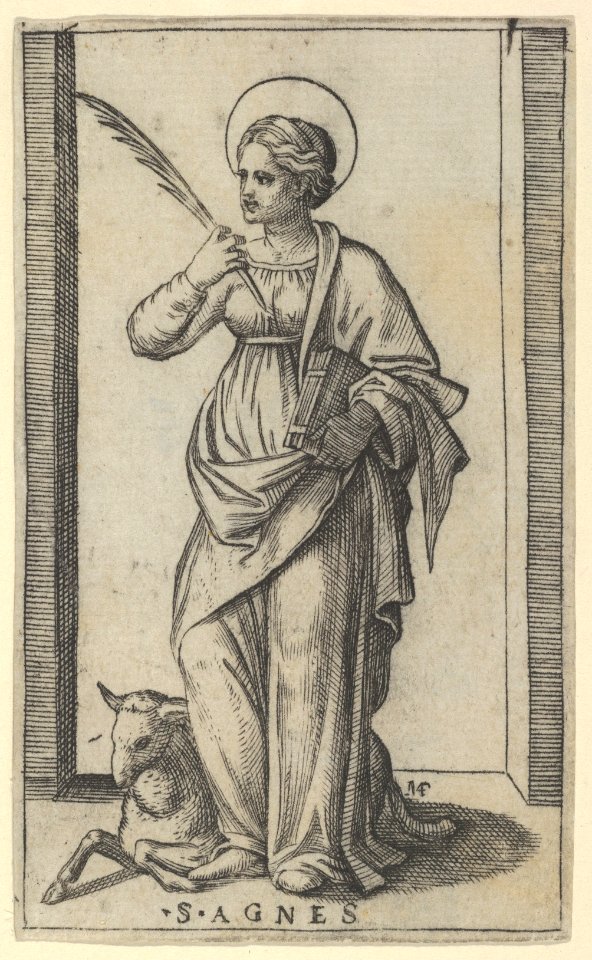 Saint Agnes standing a holding a palm in her right hand, a sheep lower left, from the series 'Piccoli Santi' (Small Saints) MET DP853507