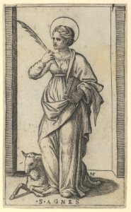 Saint Agnes standing a holding a palm in her right hand, a sheep lower left, from the series 'Piccoli Santi' (Small Saints) MET DP853507