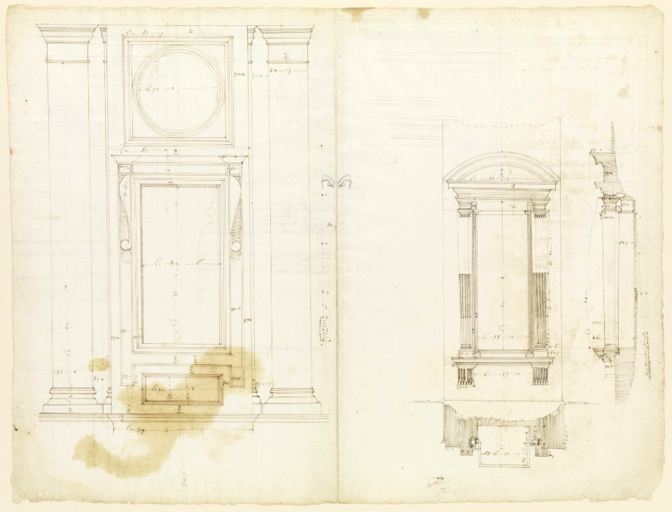 San Lorenzo, Library, Ricetto, upper window, elevation; niche,elevation, plan, and section (recto) San Lorenzo, Library, Ricetto, niche, details; upper window, details, elevation (verso) MET DP238396
