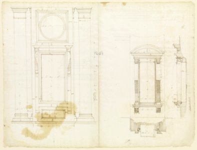 San Lorenzo, Library, Ricetto, upper window, elevation; niche,elevation, plan, and section (recto) San Lorenzo, Library, Ricetto, niche, details; upper window, details, elevation (verso) MET DP238396