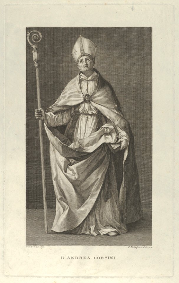 Saint Andrea Corsini dressed as Bishop of Fiesole, holding a crosier and looking up, after Reni MET DP841475