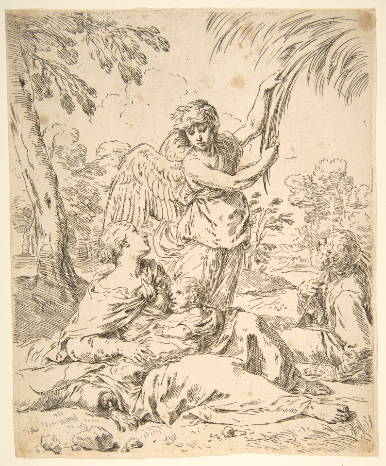 Repose in Egypt, Mary nursing the infant Christ while an angel pulls at tree branches MET DP815090