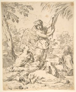 Repose in Egypt, Mary nursing the infant Christ while an angel pulls at tree branches MET DP815090