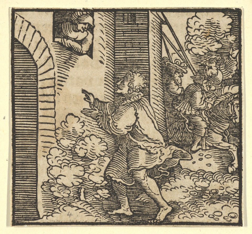 Rinaldo Robbed, Standing in front of the Widow's House, from The Decameron, Hans Leonhard Schäufelein, before 1534