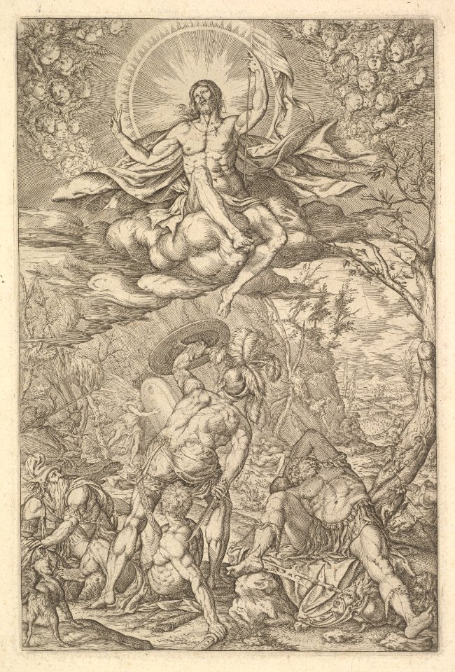 Resurrection of Christ, encompassed by an aureole and clouds with lines of winged putti to either side, a sleeping soldier and arising soldiers below MET DP828575