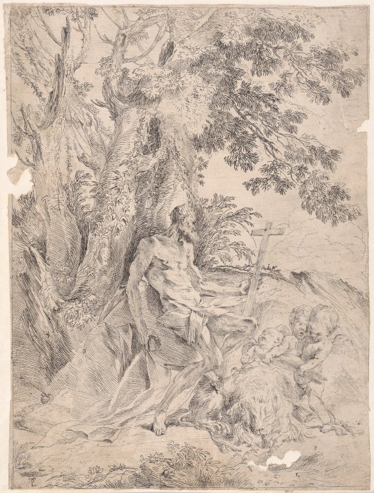 Saint Jerome before a crucifix accompanied by a lion and three putti Met DP888786