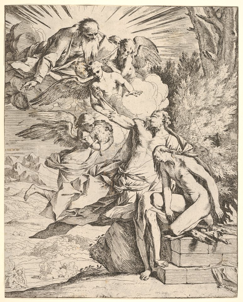 Sacrifice of Isaac- an angel presses against the dagger-bearing arm of Abraham, who stands next to Isaac on an altar, God the Father and an angel bearing a lamb approach from the left MET DP832555
