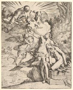 Sacrifice of Isaac- an angel presses against the dagger-bearing arm of Abraham, who stands next to Isaac on an altar, God the Father and an angel bearing a lamb approach from the left MET DP832555