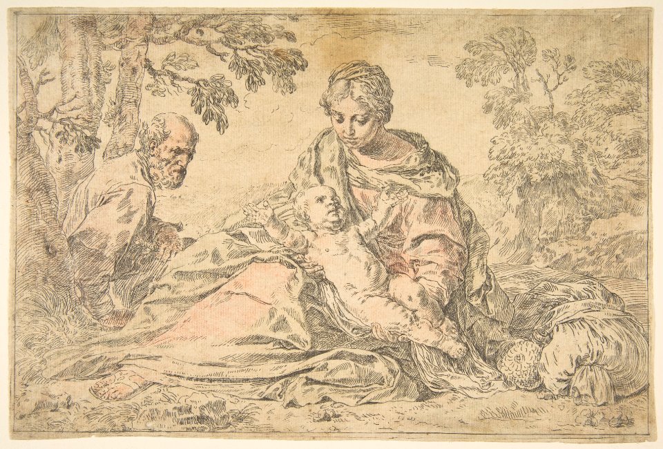 Rest on the flight into Egypt, Mary holding the infant Christ with St. Joseph at left MET DP815029