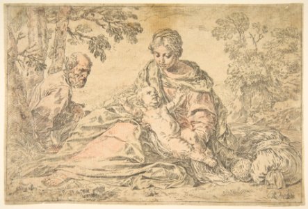 Rest on the flight into Egypt, Mary holding the infant Christ with St. Joseph at left MET DP815029