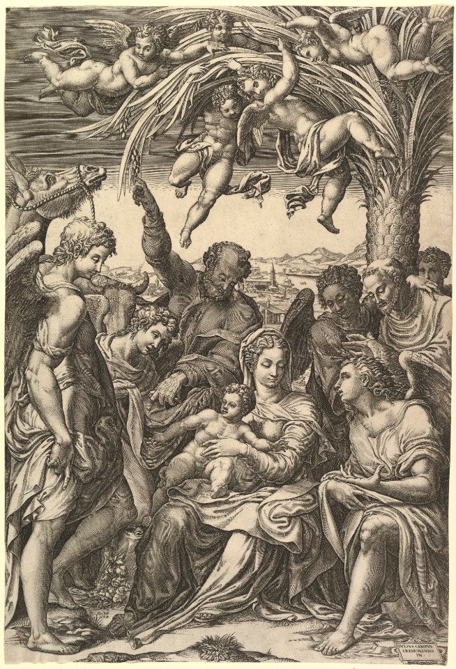 Rest on the Flight into Egypt; the Holy Family under a palm tree surrounded by angels, putti, and a male cleric or saint MET DP821557