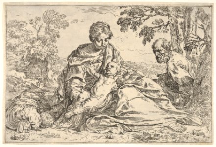 Rest on the flight into Egypt, Mary holding the infant Christ with St. Joseph at right, copy after Cantarini MET DP832104