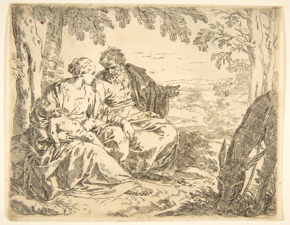Rest on the flight into Egypt, Mary holding the infant Christ while St. Joseph points into the distance MET DP815033
