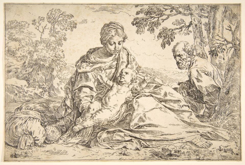 Rest on the flight into Egypt, Mary holding the infant Christ with St. Joseph at right MET DP815028