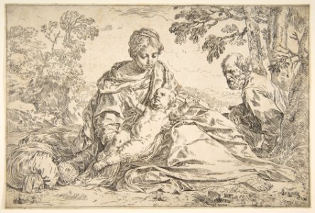 Rest on the flight into Egypt, Mary holding the infant Christ with St. Joseph at right MET DP815028