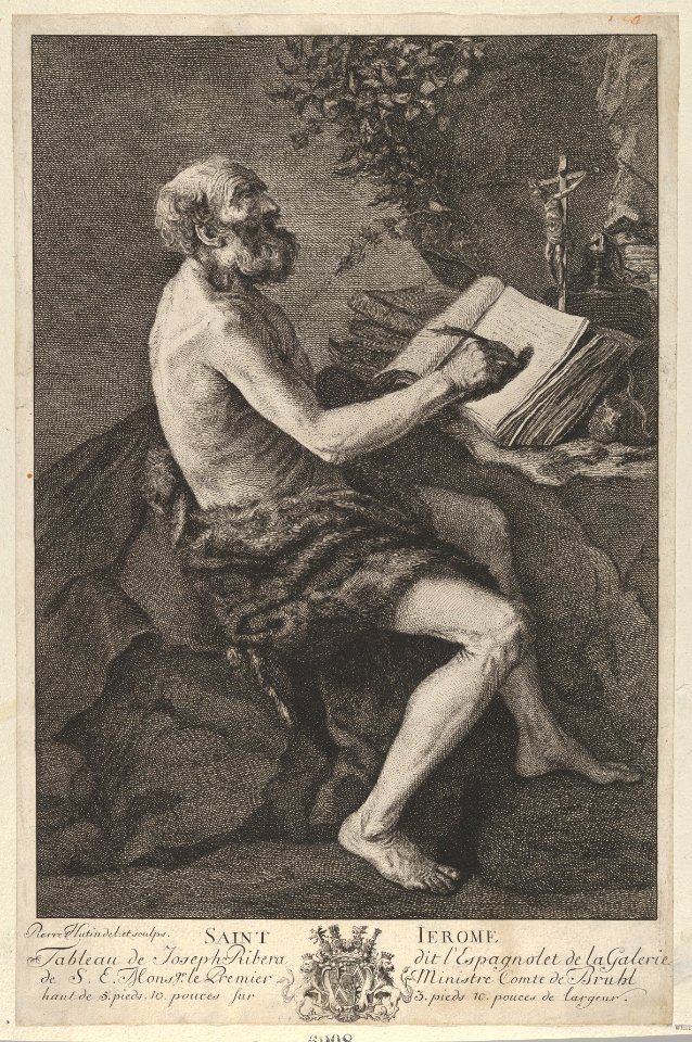 Saint Jerome in the Wilderness, seated, writing and meditating on a crucifix MET DP836583