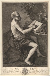 Saint Jerome in the Wilderness, seated, writing and meditating on a crucifix MET DP836583