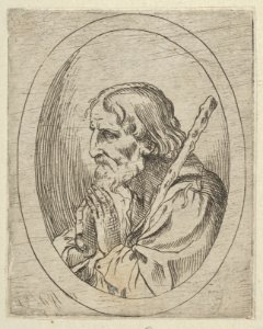 Saint Jude in prayer, seen in profile facing left with a staff resting on his shoulder, in an oval frame, from Christ, the Virgin, and Thirteen Apostles MET DP837907