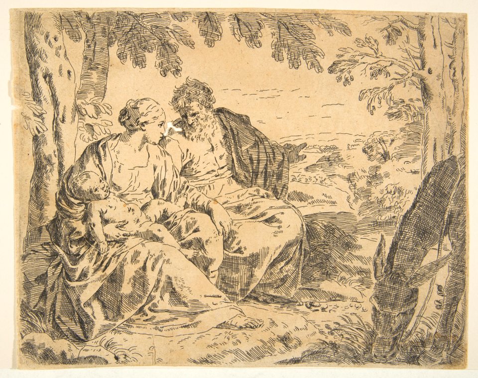 Rest on the flight into Egypt, Mary holding the infant Christ while St. Joseph points into the distance, copy after Cantarini MET DP815034