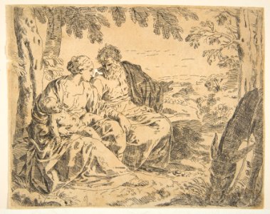 Rest on the flight into Egypt, Mary holding the infant Christ while St. Joseph points into the distance, copy after Cantarini MET DP815034
