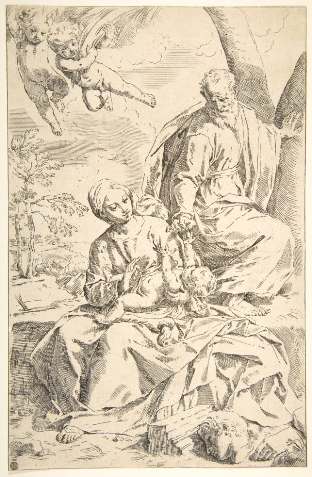 Rest on the flight into Egypt, Mary holding the infant Christ while St. Joseph hands him a fruit MET DP815019