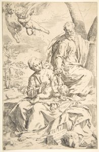 Rest on the flight into Egypt, Mary holding the infant Christ while St. Joseph hands him a fruit MET DP815019