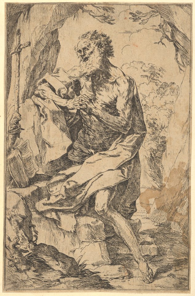 Saint Jerome kneeling on a rock in front of a cross and an open book facing left MET DP837836