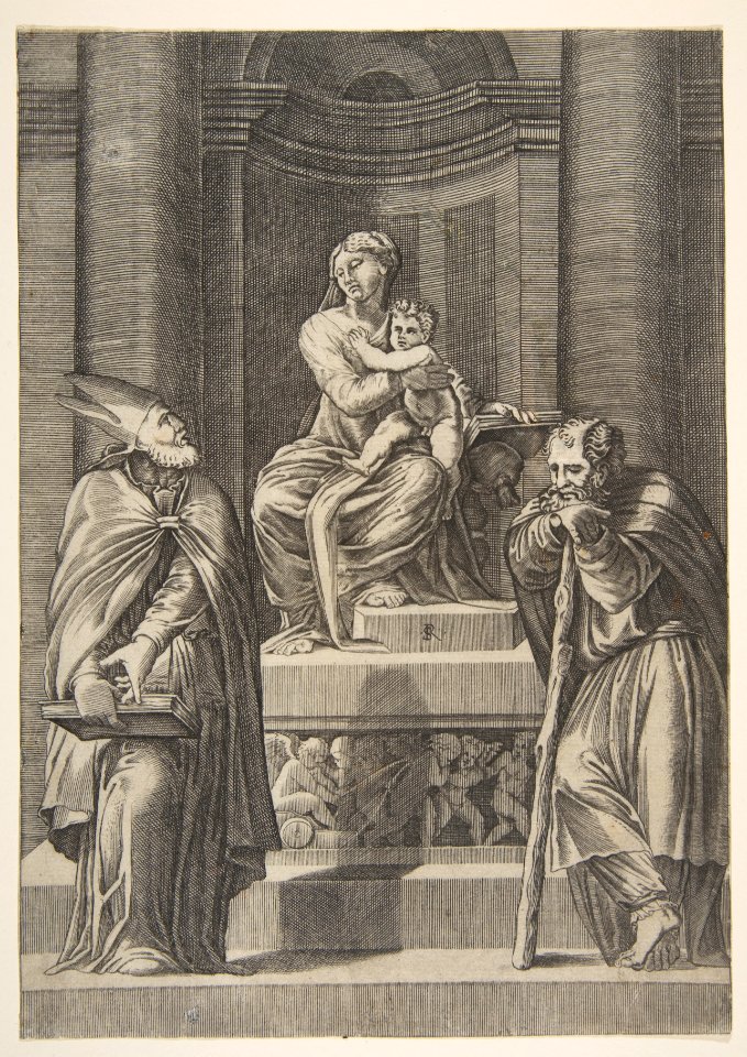 Saint Joseph at left and a bishop at right standing before the altar of the Virgin and Christ Child MET DP818639