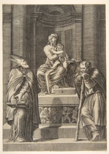 Saint Joseph at left and a bishop at right standing before the altar of the Virgin and Christ Child MET DP818639