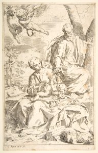 Rest on the flight into Egypt, Mary holding the infant Christ while St. Joseph hands him a fruit MET DP815024