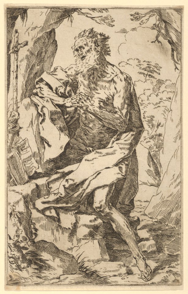 Saint Jerome kneeling on a rock in front of a cross and an open book facing left, after Reni MET DP837846