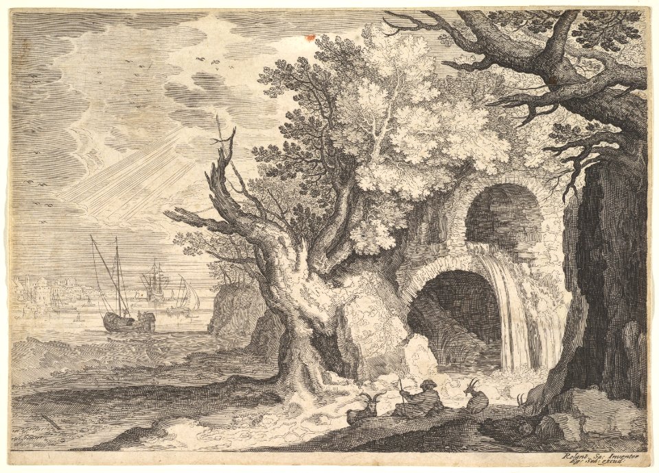 Ruined aqueduct with water spilling from it to a stream below, ships at sea beyond, a man reclining on the ground with three goats in the foreground, from the series 'Six landscapes in Tyrol' after Roelandt Savery MET DP828114