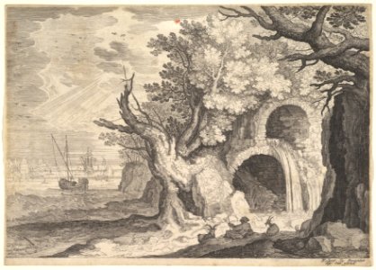 Ruined aqueduct with water spilling from it to a stream below, ships at sea beyond, a man reclining on the ground with three goats in the foreground, from the series 'Six landscapes in Tyrol' after Roelandt Savery MET DP828114