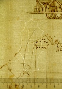 S. Costanza, drum, interior, elevation; column shafts, profiles; narthex, section; stair, detail plan (recto) stair, plans; window, elevation (verso) MET sf68 769 48-watermark