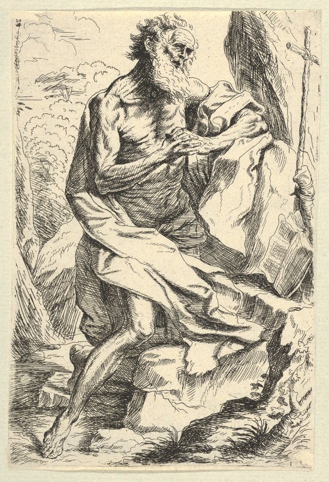 Saint Jerome kneeling on a rock in front of a cross and an open book facing right, after Reni MET DP838598
