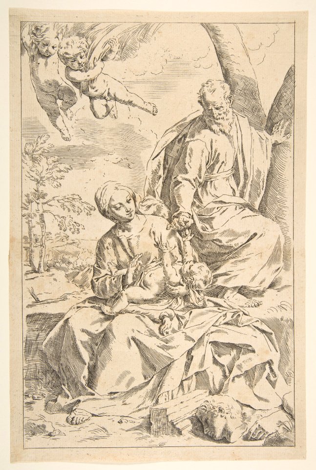 Rest on the flight into Egypt, Mary holding the infant Christ while St. Joseph hands him a fruit MET DP815023