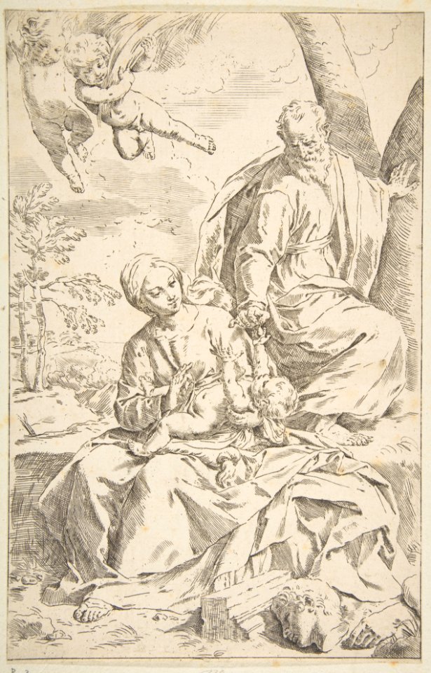 Rest on the flight into Egypt, Mary holding the infant Christ while St. Joseph hands him a fruit MET DP815020