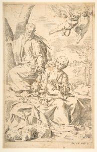 Rest on the flight into Egypt, Mary holding the infant Christ while St. Joseph hands him a fruit MET DP815025