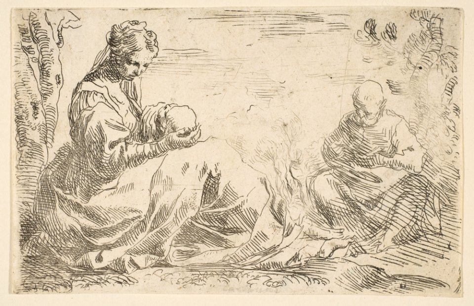 Rest on the flight into Egypt, Mary holding and looking at the infant Christ while St. Joseph reads MET DP815104