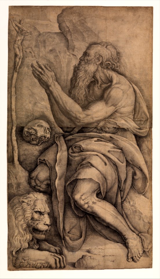 Saint Jerome kneeling before a crucifix, with a skull and lion MET DP354971