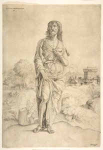 Saint John the Baptist standing in landscape, figures and buildings in the backgroud MET DP813983