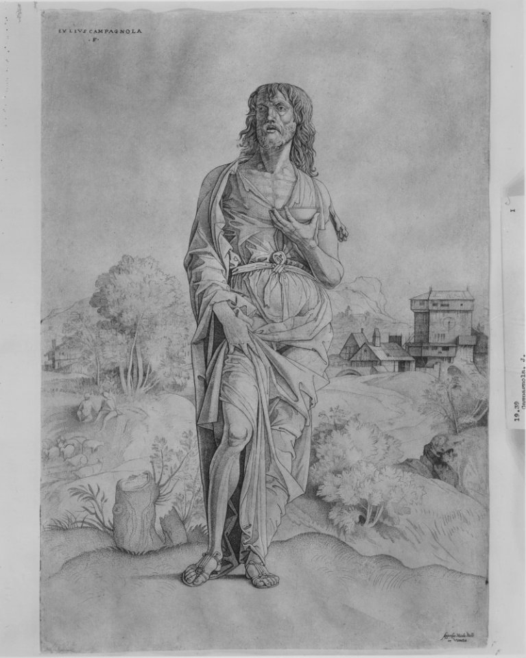 Saint John the Baptist standing in landscape, figures and buildings in the backgroud MET MM8257