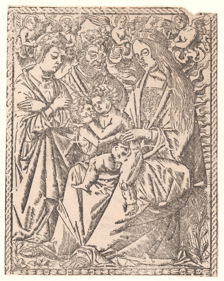 Saint John the Baptist embracing the Christ Child who sits on the Virgin's knee, she is being crowned by angels, other saints at left MET DP869301