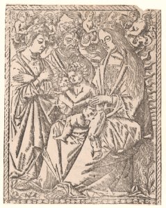 Saint John the Baptist embracing the Christ Child who sits on the Virgin's knee, she is being crowned by angels, other saints at left MET DP869301