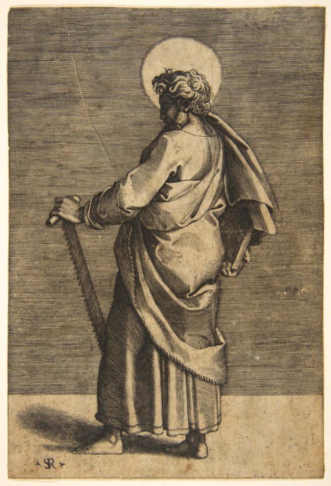 Saint Simon standing facing left, holding a saw and a book MET DP818636