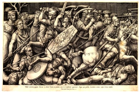 Roman soldiers fighting against Dacians, battle scene in shallow depth with horses and horn-players (after a bas-relief on the Arch of Constantine, Rome) MET DP827716
